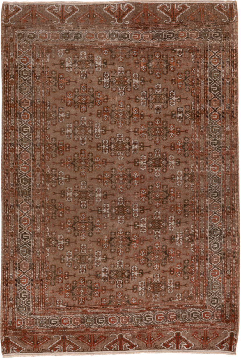 4' x 6' one-of-a-kind handmade vintage Torkaman small size rug. Color palette: brown, gray, light gray, pink