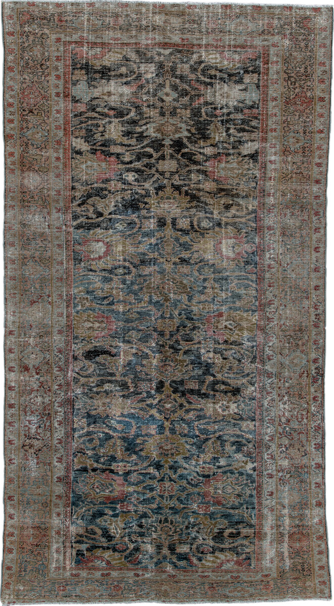 9' x 5' one-of-a-kind handmade vintage Sultanabad rug. Color palette: black, blue, brown, dark gray, gainsboro, gray