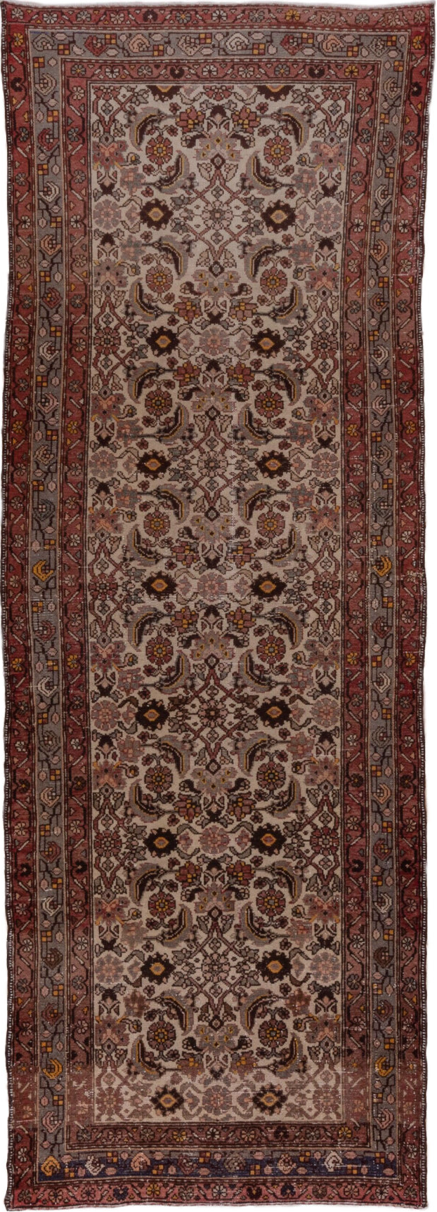 3' x 10' one-of-a-kind handmade vintage Malayer runner rug. Color palette: brown, gray, pink, redwood