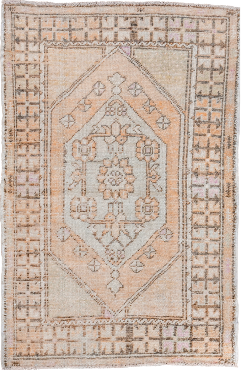 2' x 4' one-of-a-kind handmade vintage Oushak small size rug. Color palette: pink, light gray, off-white, gray, brown