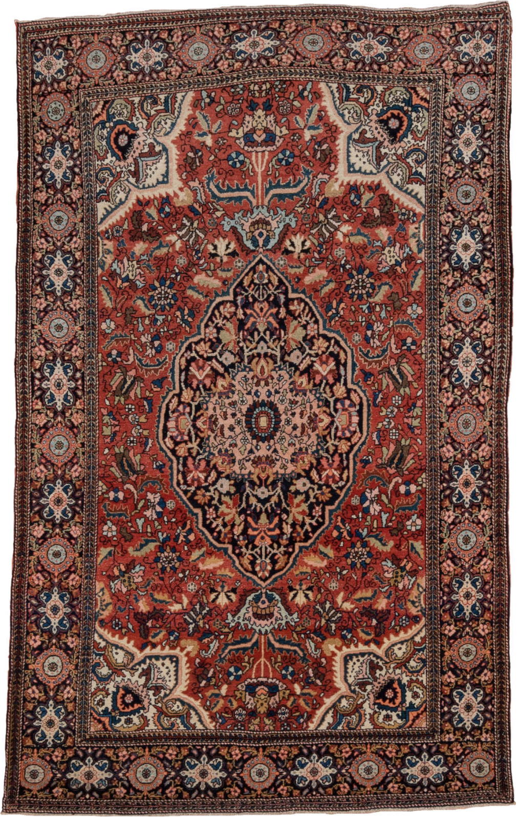 4' x 6' one-of-a-kind handmade vintage Far.Sarouk small size rug. Color palette: black, blue, brown, dark gray, gray