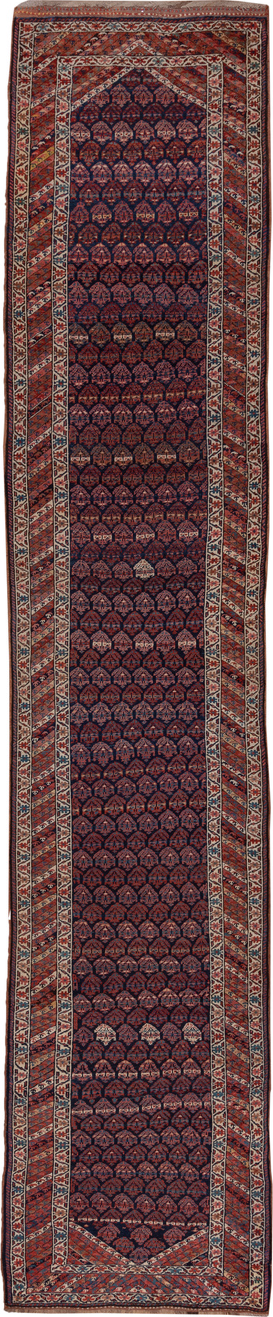 3' x 16' one-of-a-kind handmade vintage Kurd runner rug. Color palette: pink, gray, brown, red, blue, black