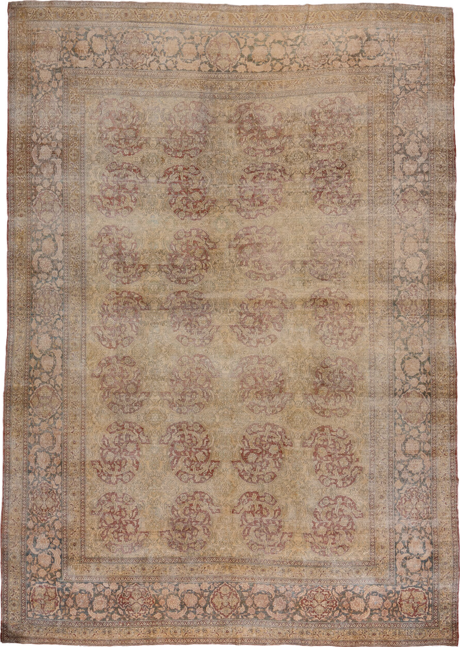 11' x 15' one-of-a-kind handmade vintage Isfahan oversize rug. Color palette: gray, brown, off-white, pink, orange, red