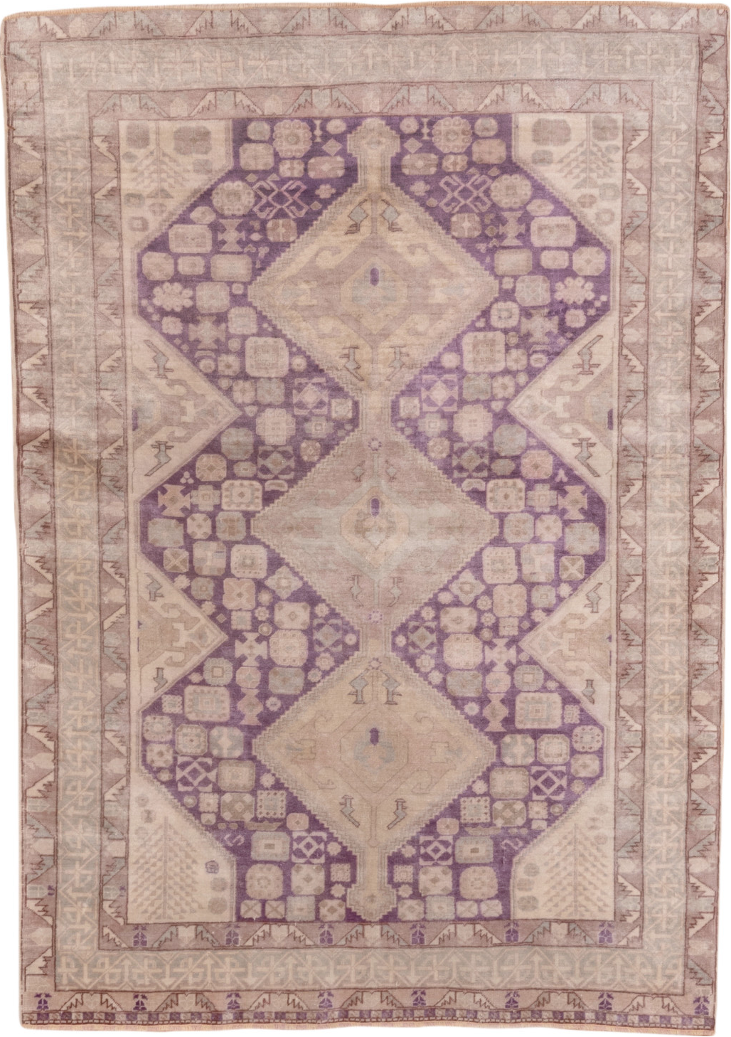 3' x 5' one-of-a-kind handmade vintage Sivas small size rug. Color palette: brown, gray, light gray, off-white, orange, pink