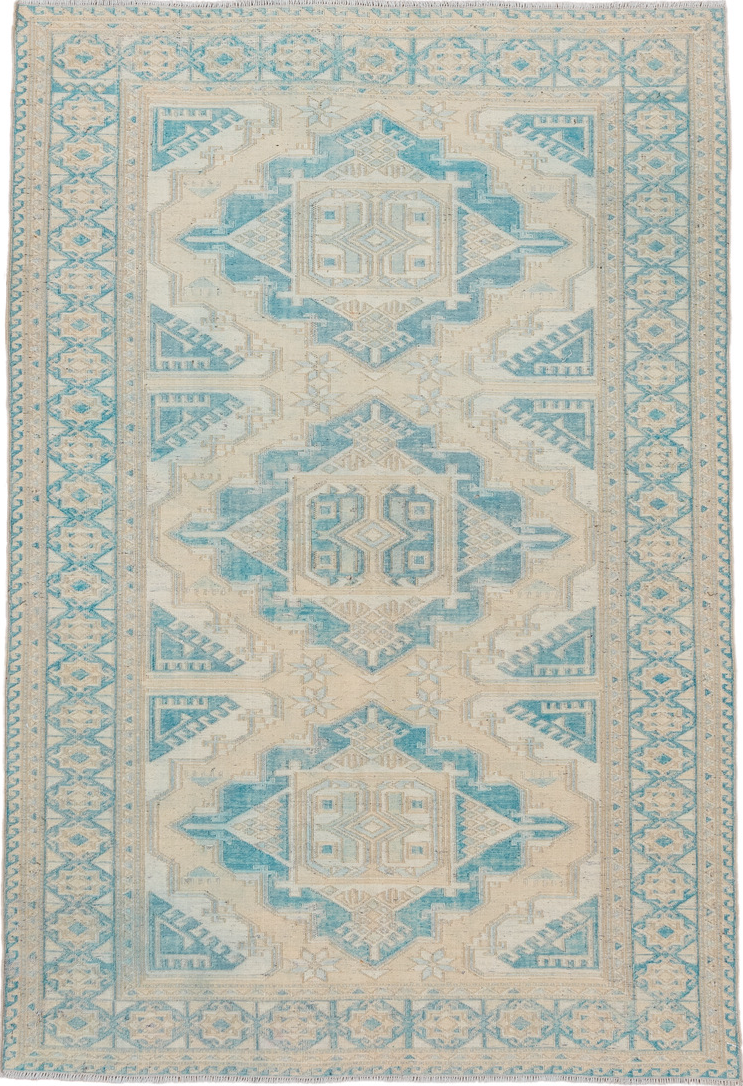 4' x 5' one-of-a-kind handmade vintage Sumak small size rug. Color palette: blue, gray, off-white, light gray, brown