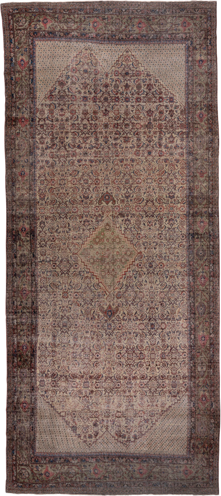 8' x 19' one-of-a-kind handmade vintage Farahan rug. Color palette: black, blue, brown, charcoal, gray, pink, red