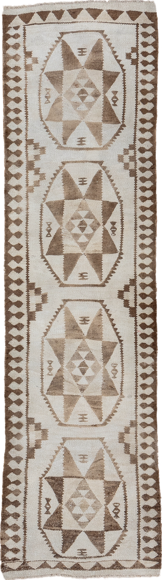 2' x 9' one-of-a-kind handmade vintage Kilim runner rug. Color palette: gray, light gray, off-white, brown, pink, white