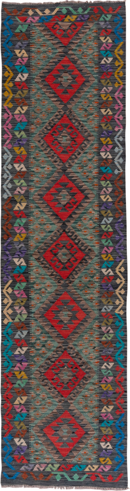 2' x 9' one-of-a-kind handmade vintage Kilim runner rug. Color palette: black, blue, brown, charcoal, gray, pink, red