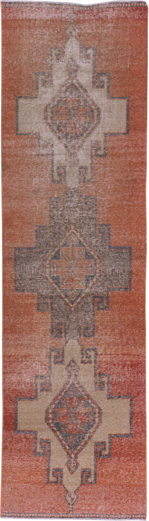 3' x 10' one-of-a-kind handmade vintage Oushak runner rug. Color palette: brown, gray, light gray, pink