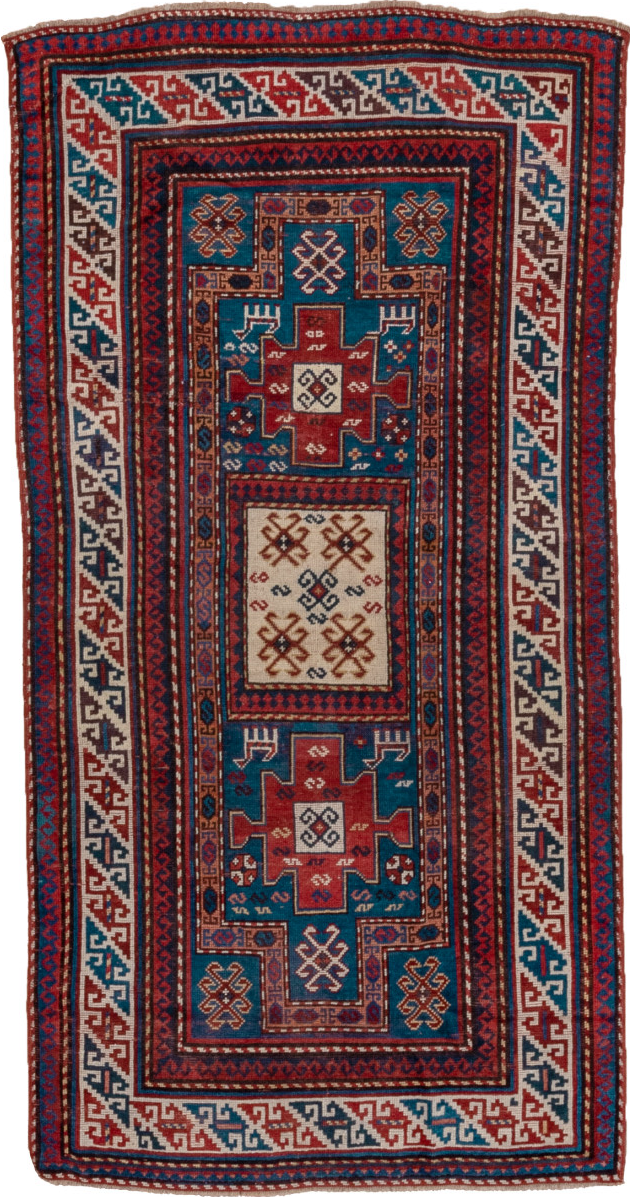 3' x 6' one-of-a-kind handmade vintage Kazak runner rug. Color palette: arapawa, blue, brown, gray, light gray, pink, red