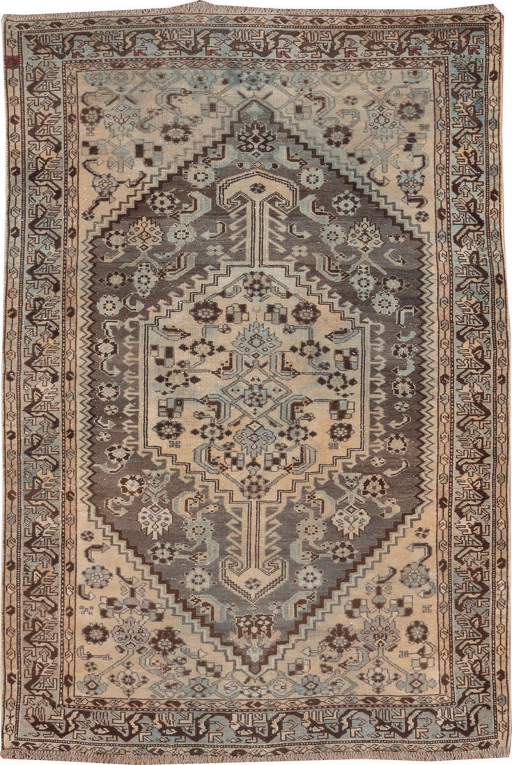 4' x 6' one-of-a-kind handmade vintage Shiraz small size rug. Color palette: brown, gray, light gray, off-white, pink