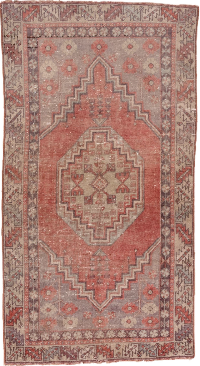 3' x 6' one-of-a-kind handmade vintage Oushak small size rug. Color palette: brown, gray, off-white, pink, snow, white