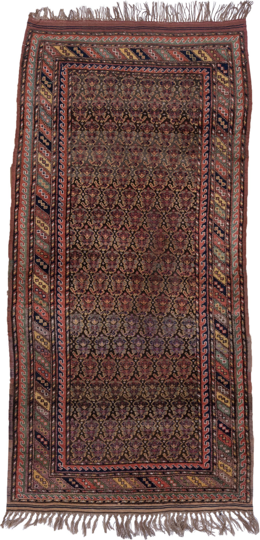 4' x 9' one-of-a-kind handmade vintage Kurd rug. Color palette: brown, dark gray, gray, light gray, off-white, pink, red