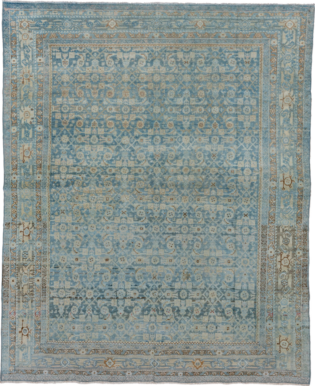 6' x 8' one-of-a-kind handmade vintage Malayer medium size rug. Color palette: gray, light gray, brown, blue, dark gray