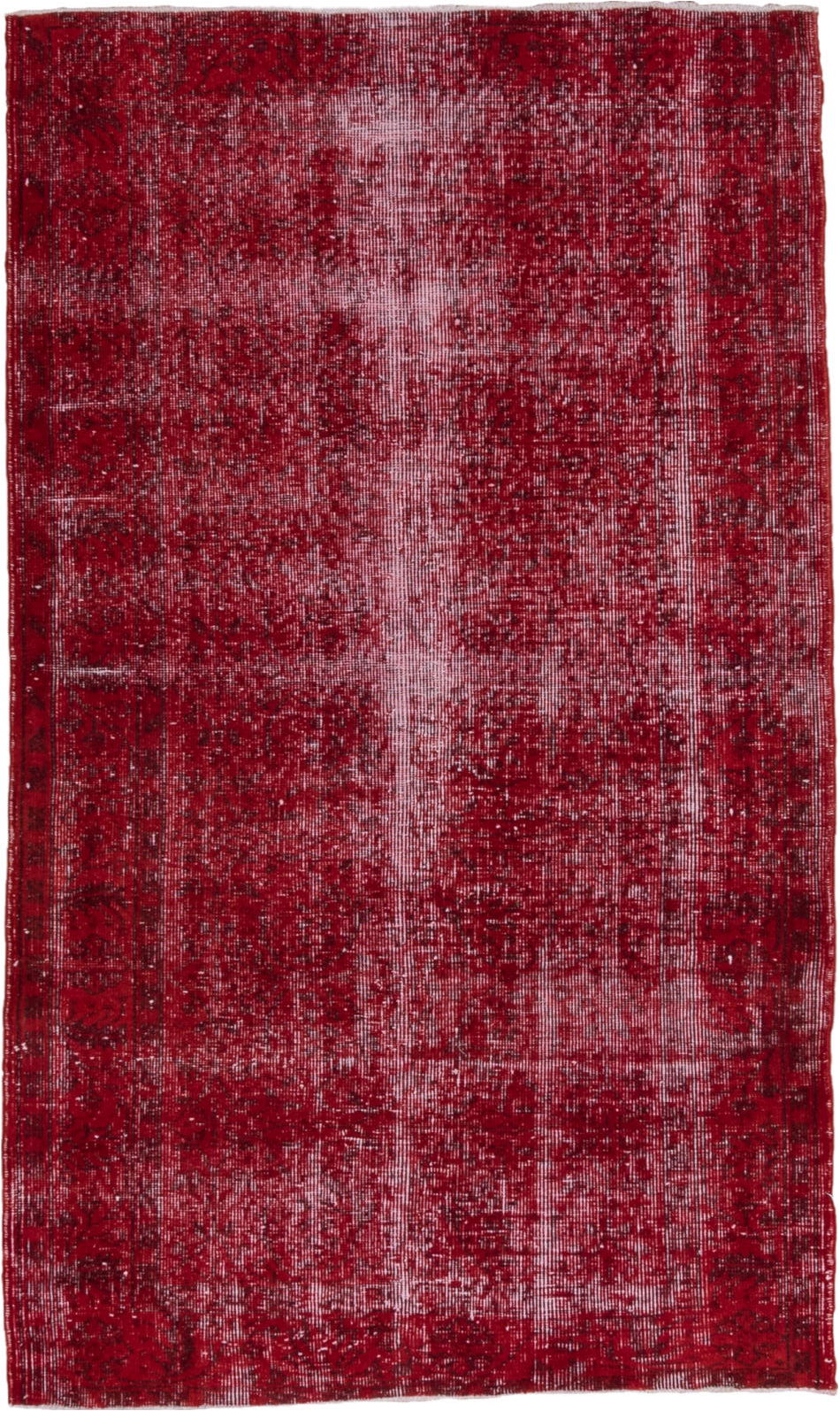 4' x 6' one-of-a-kind handmade vintage Overdyed small size rug. Color palette: brown, burgundy, pink, red, wine