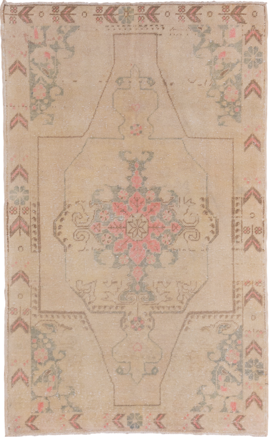 4' x 6' one-of-a-kind handmade vintage Oushak small size rug. Color palette: brown, gray, light gray, off-white, orange
