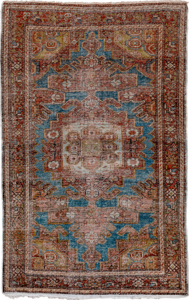 4' x 6' one-of-a-kind handmade vintage Veece small size rug. Color palette: blue, gray, light gray, pink, brown, off-white