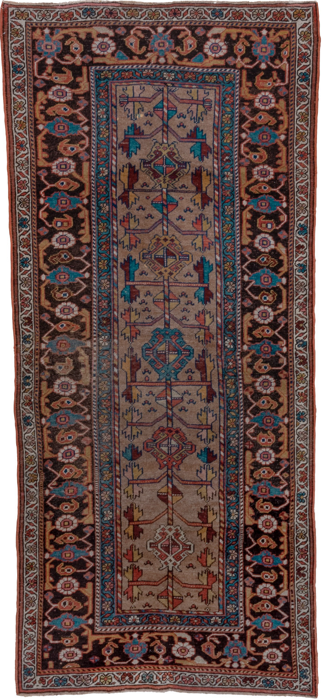 3' x 8' one-of-a-kind handmade vintage Kurd runner rug. Color palette: arapawa, blue, brown, gray, pink, red, redwood