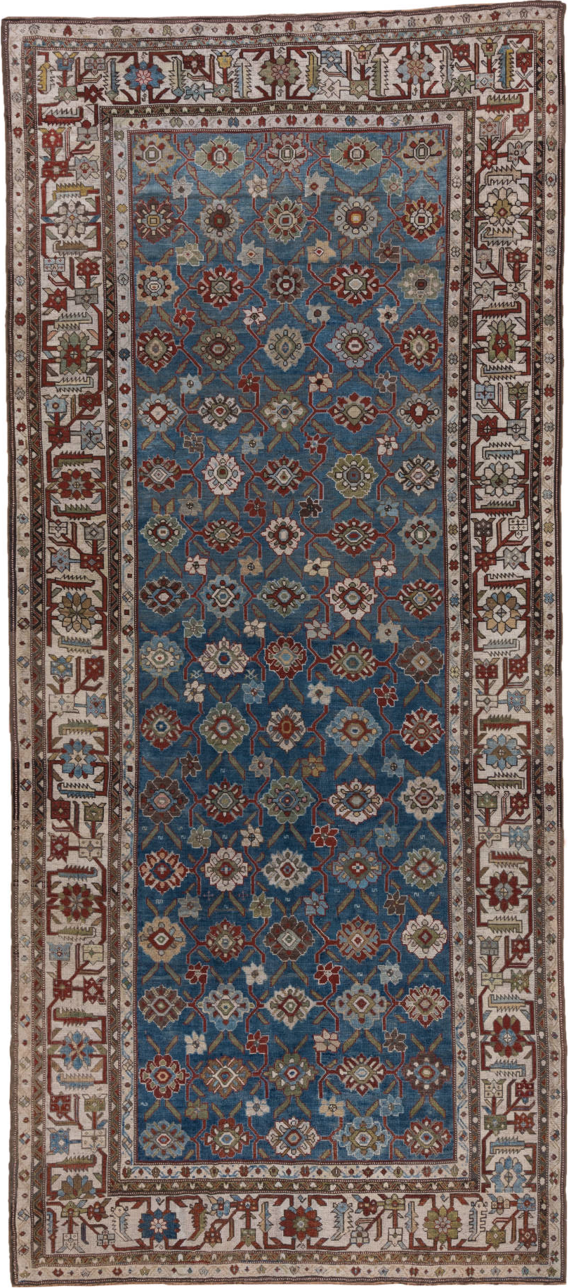 6' x 14' one-of-a-kind handmade vintage Karabagh large size rug. Color palette: black, blue, brown, charcoal, dim gray, gray