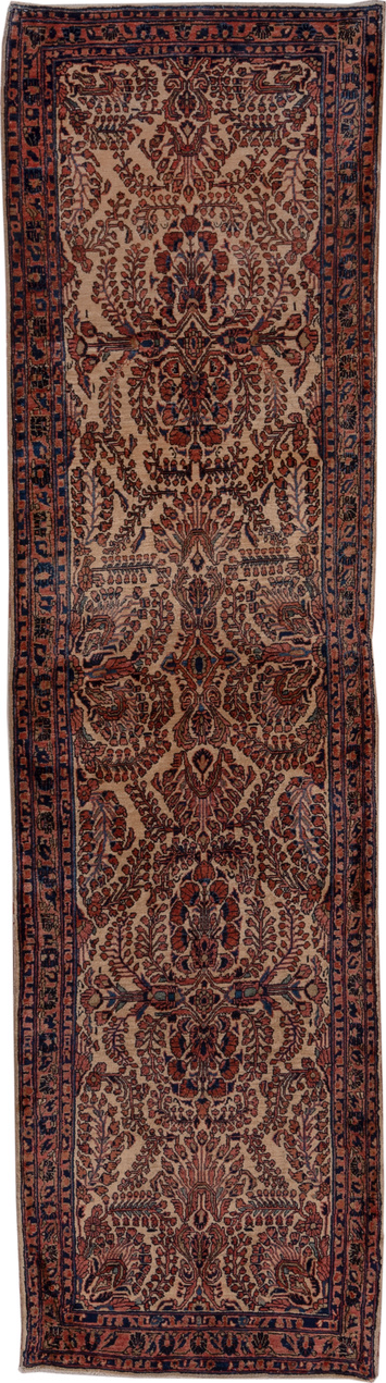 2' x 10' one-of-a-kind handmade vintage Sarouk runner rug. Color palette: brown, red, gray, pink