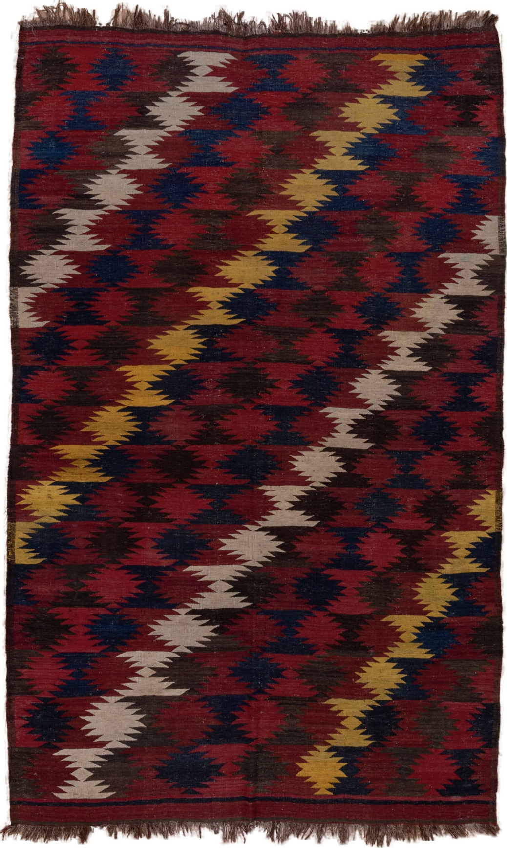 6' x 9' one-of-a-kind handmade vintage Kilim medium size rug. Color palette: black, brown, gray, pink, red