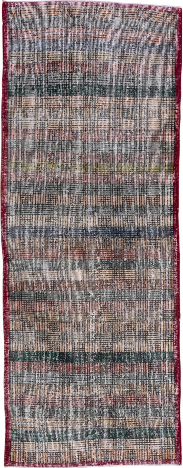 3' x 8' one-of-a-kind handmade vintage Oushak runner rug. Color palette: black, brown, charcoal, dim gray, gray, light gray