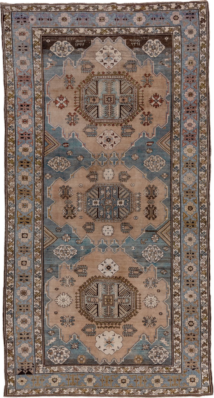 6' x 12' one-of-a-kind handmade vintage Caucasian large size rug. Color palette: black, blue, brown, dim gray, gray