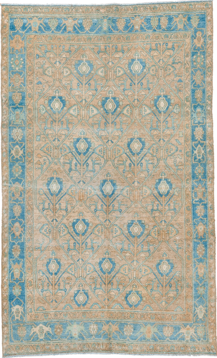 4' x 7' one-of-a-kind handmade vintage Malayer rug. Color palette: gray, blue, brown, orange, light gray, off-white