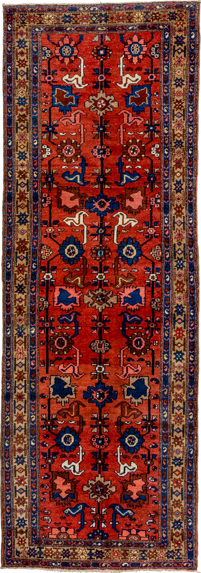 3' x 9' one-of-a-kind handmade vintage Malayer runner rug. Color palette: red, brown, gray, pink, black, orange, off-white