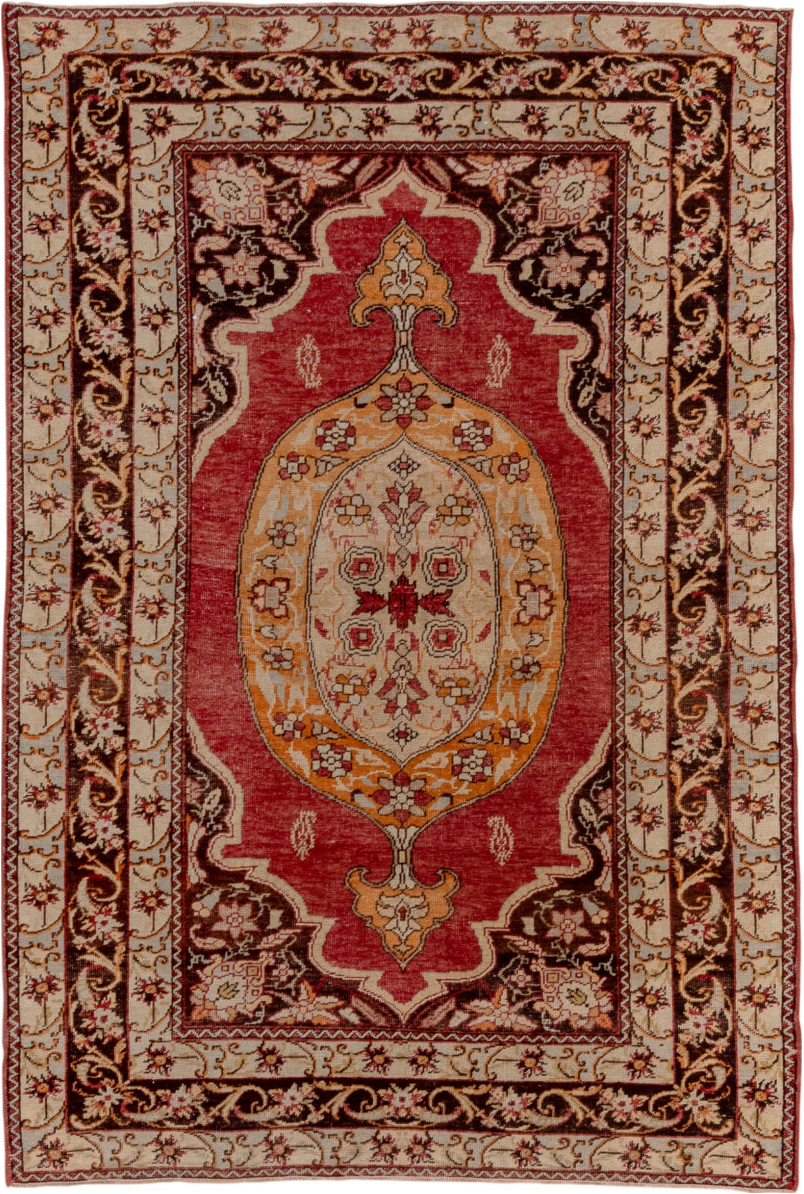 4' x 6' one-of-a-kind handmade vintage Oushak small size rug. Color palette: black, brown, pink, red, saddle brown