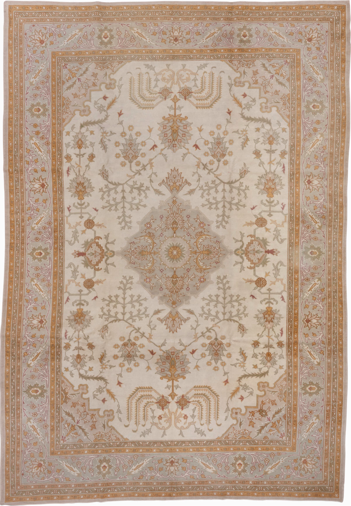 8' x 11' one-of-a-kind handmade vintage Oushak large size rug. Color palette: brown, gray, light gray, off-white, pink