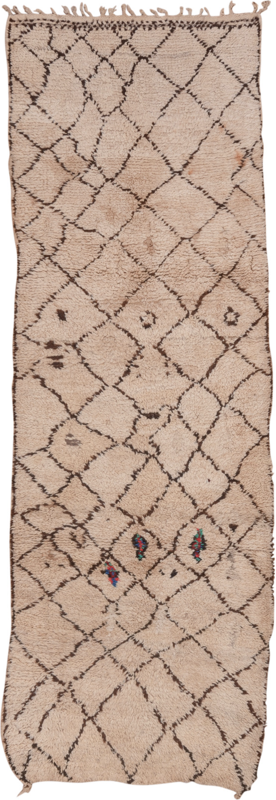 3' x 9' one-of-a-kind handmade vintage Moroccan runner rug. Color palette: brown, gray, off-white, pink, snow, white