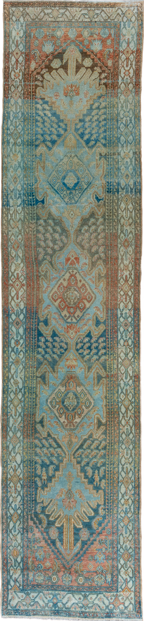3' x 14' one-of-a-kind handmade vintage Malayer runner rug. Color palette: brown, gray, blue, light gray, off-white, white