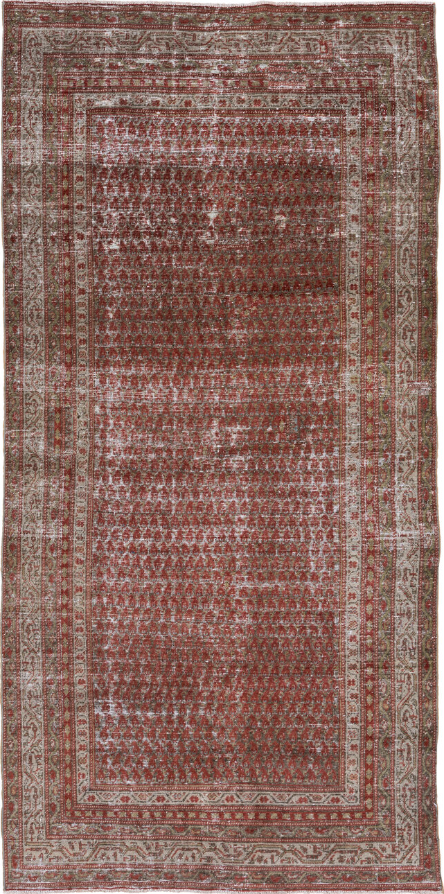 4' x 9' one-of-a-kind handmade vintage Malayer runner rug. Color palette: pink, gray, light gray, brown, off-white