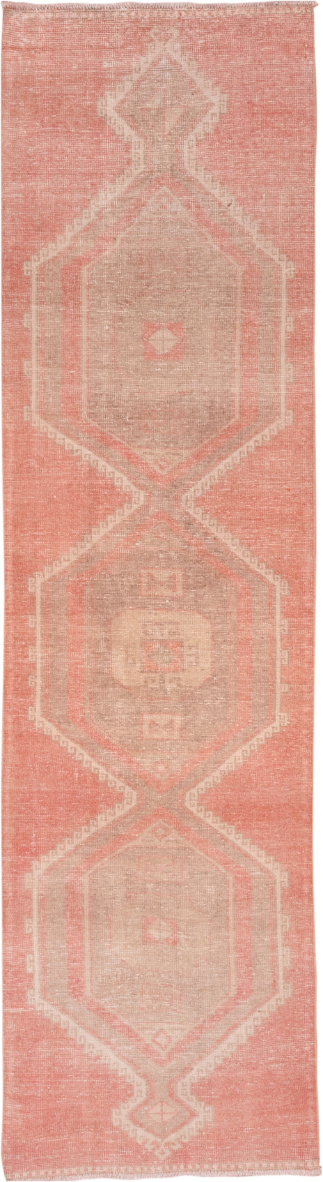 3' x 11' one-of-a-kind handmade vintage Oushak runner rug. Color palette: brown, off-white, orange, pink, snow, white