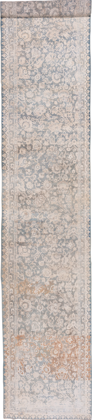 3' x 19' one-of-a-kind handmade vintage Cotton Agra runner rug. Color palette: gray, light gray, off-white, pink, brown