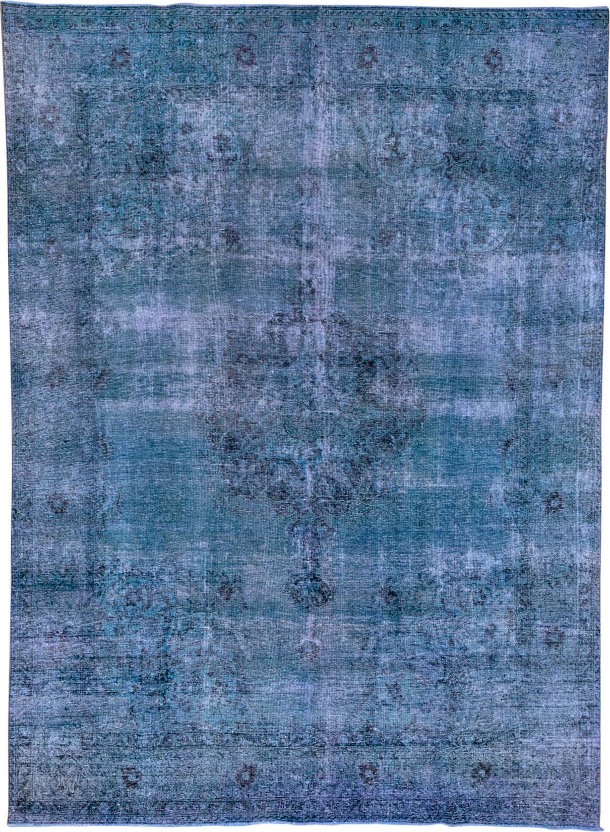 9' x 12' one-of-a-kind handmade vintage Overdyed large size rug. Color palette: blue, gray, light blue, light steel blue