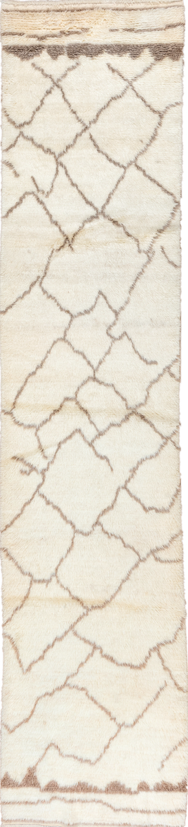 2' x 12' one-of-a-kind handmade vintage Moroccan runner rug. Color palette: off-white, light gray, gray, brown, pink, orange