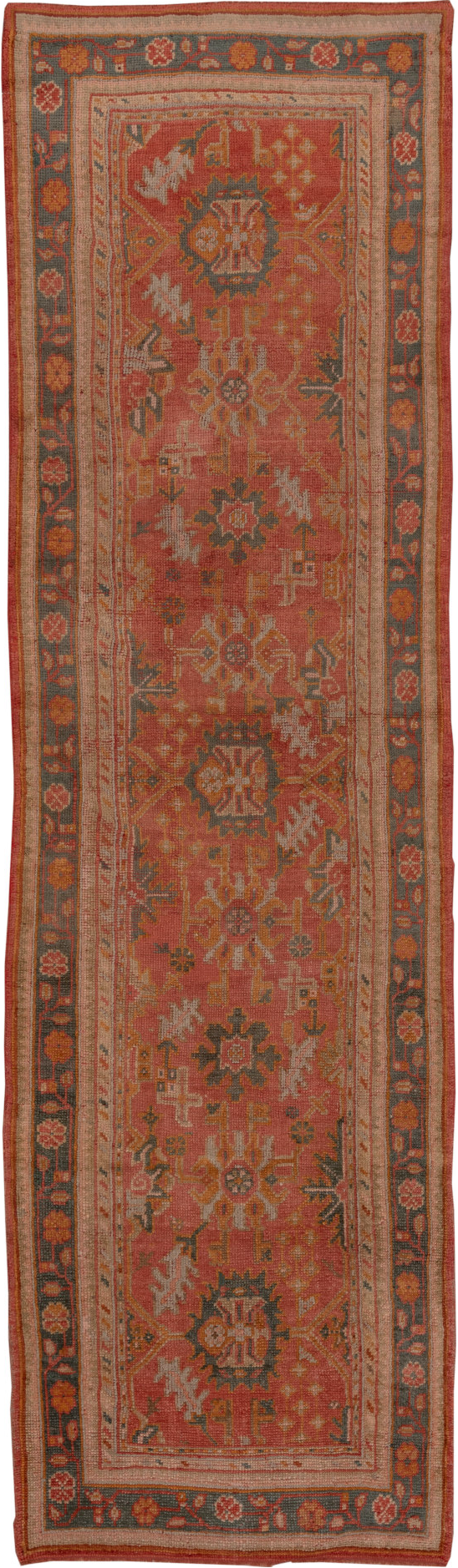 3' x 13' one-of-a-kind handmade vintage Oushak runner rug. Color palette: brown, gray, pink