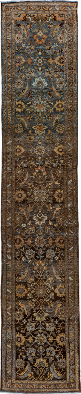 3' x 16' one-of-a-kind handmade vintage Malayer runner rug. Color palette: gray, brown, black, dim gray