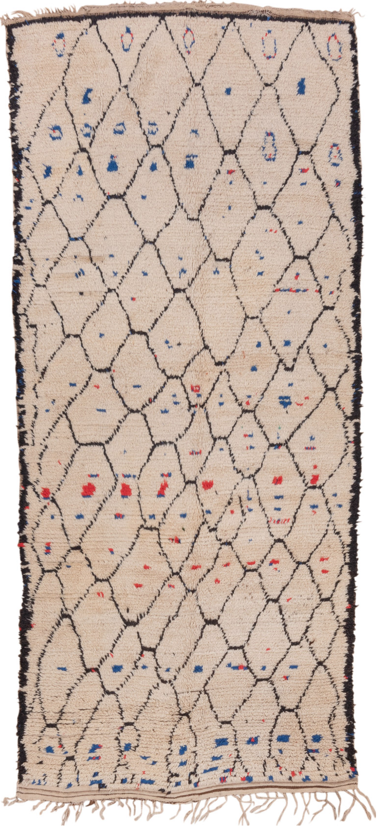 4' x 9' one-of-a-kind handmade vintage Moroccan runner rug. Color palette: black, blue, brown, charcoal, gray, light gray