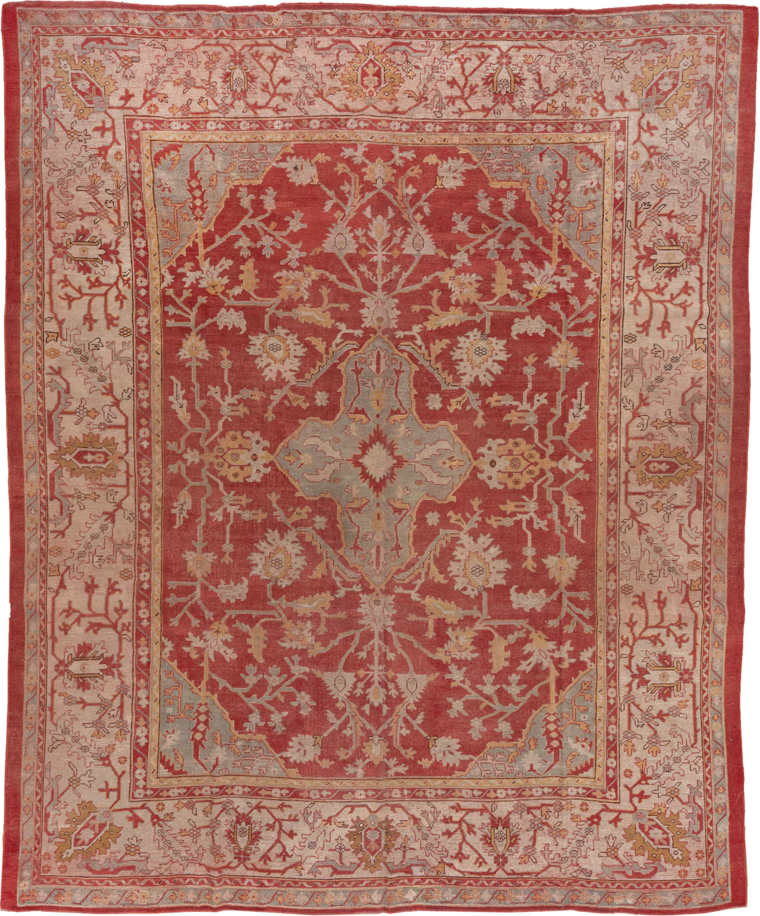 11' x 13' one-of-a-kind handmade vintage Oushak rug. Color palette: brown, orange, pink, red, redwood