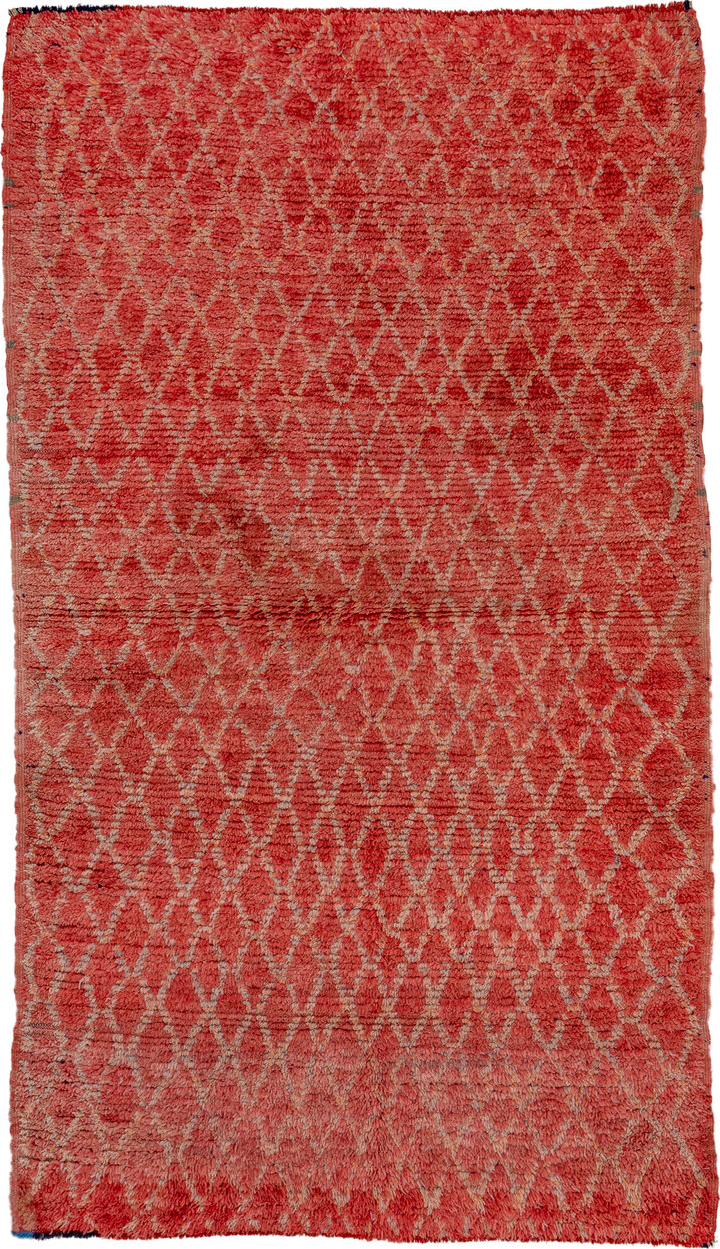 4' x 8' one-of-a-kind handmade vintage Moroccan rug. Color palette: brown, red, pink, fire brick