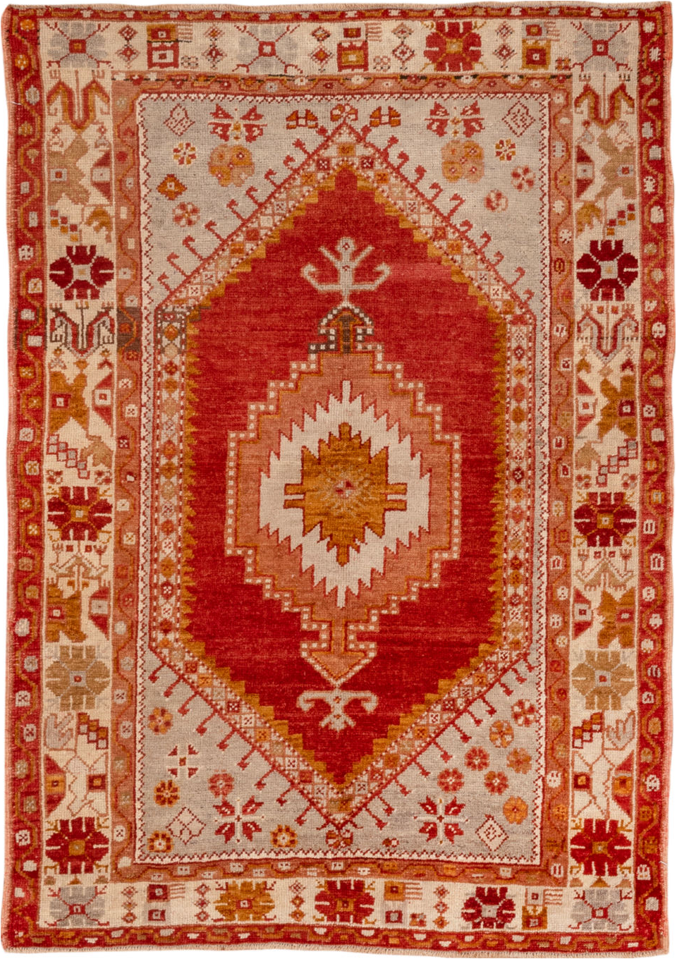 3' x 5' one-of-a-kind handmade vintage Oushak small size rug. Color palette: brown, chocolate, dark red, orange, pink, red