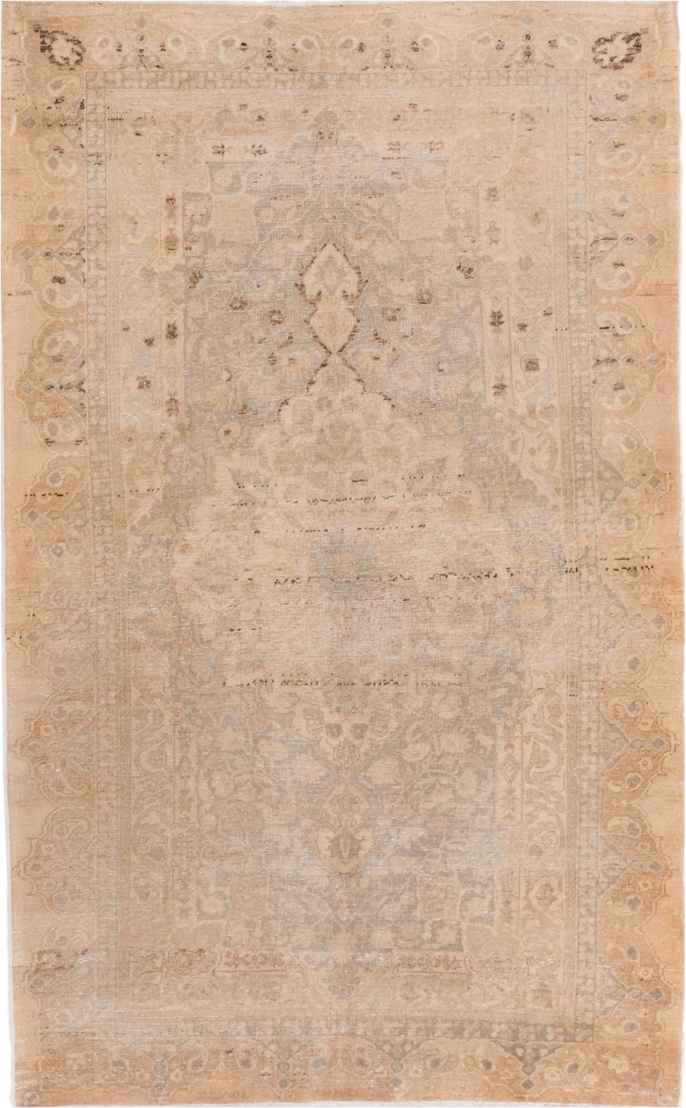 4' x 6' one-of-a-kind handmade vintage Sivas small size rug. Color palette: brown, gray, light gray, off-white, orange, pink