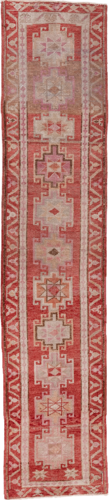 2' x 12' one-of-a-kind handmade vintage Oushak runner rug. Color palette: brown, gray, pink, red, rosy brown