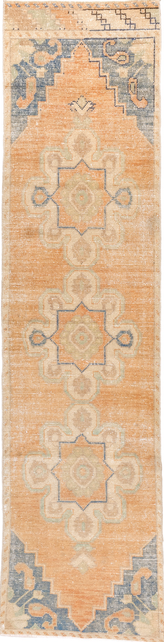 2' x 8' one-of-a-kind handmade vintage Oushak runner rug. Color palette: gray, brown, off-white, orange, yellow, tan