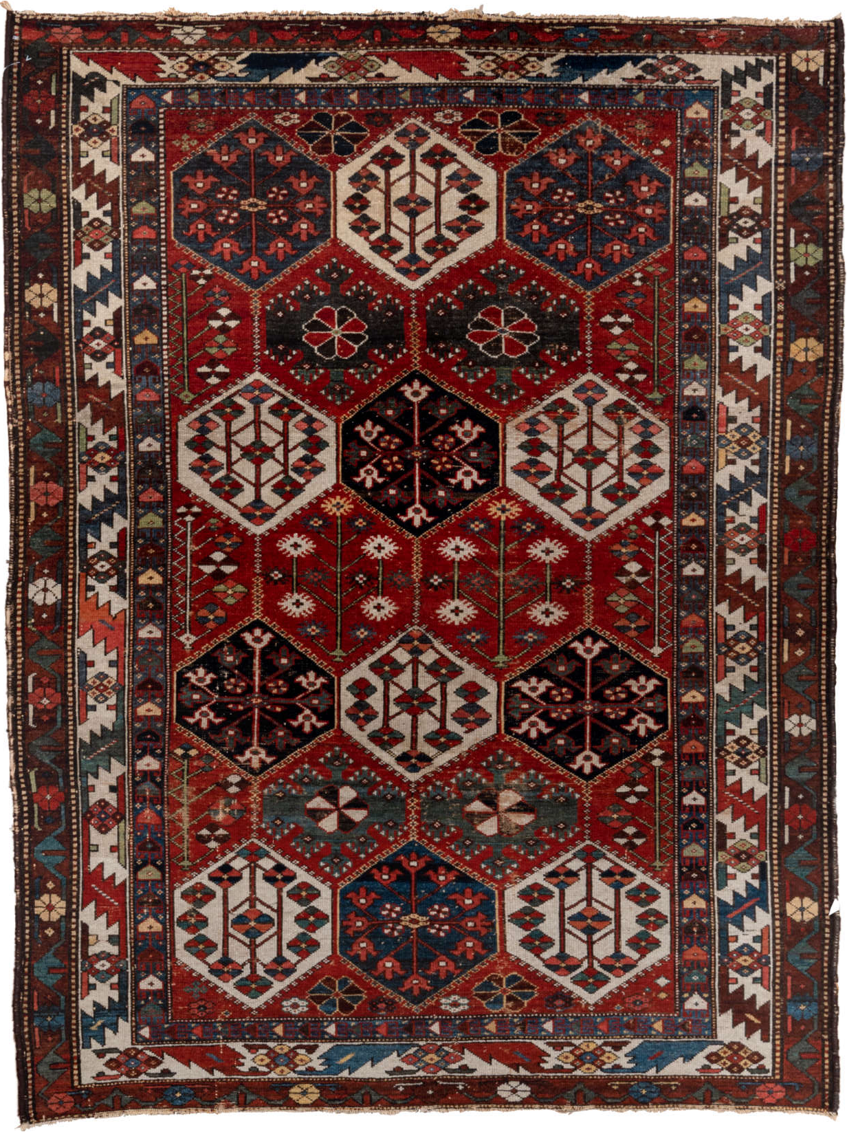 4' x 6' one-of-a-kind handmade vintage Baktiary small size rug. Color palette: gray, brown, light gray, black, blue, red