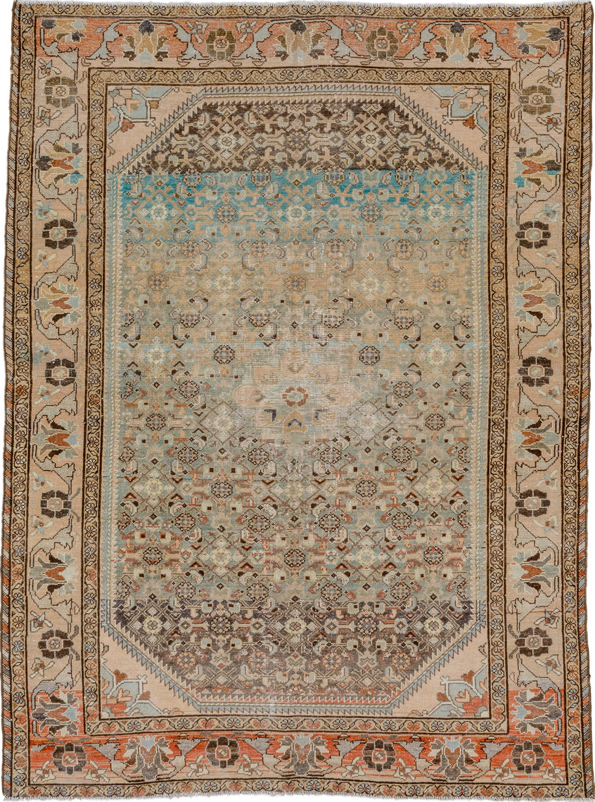 4' x 6' one-of-a-kind handmade vintage Malayer small size rug. Color palette: brown, orange, gray, off-white, blue, green