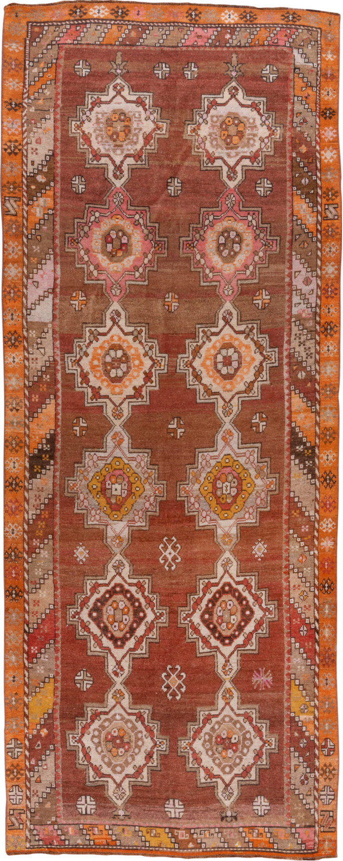 5' x 12' one-of-a-kind handmade vintage Kars runner rug. Color palette: brown, gray, pink